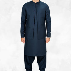Deep Space Blue Men's Kameez Shalwar with Waistcoat (RJ-KSW122)
