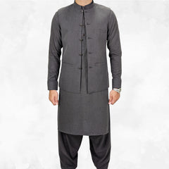Charcoal Grey Men's Kameez Shalwar with Waistcoat (RJ-KSW127)