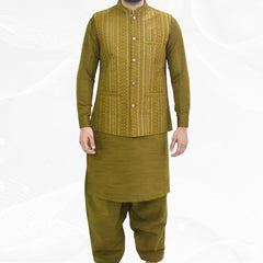 Green Mehendi Men's Kameez Shalwar with Waistcoat (RJ-KSW117)