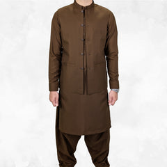 Chestnut Brown Men's Kameez Shalwar with Waistcoat (RJ-KSW126)