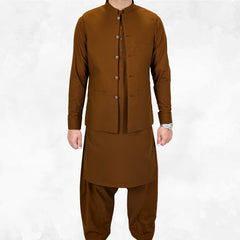Rust Bronze Men's Kameez Shalwar with Waistcoat (RJ-KSW118)