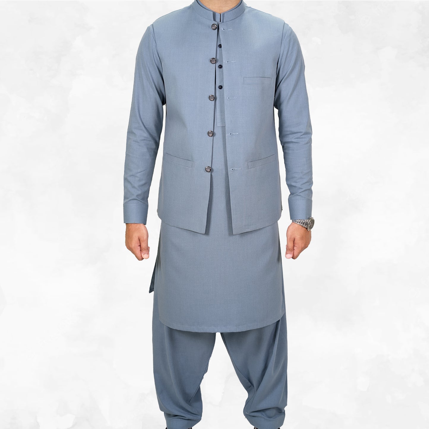 Light Steel Blue Men's Kameez Shalwar with Waistcoat (RJ-KSW123)