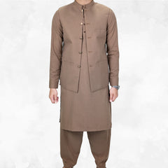 Almond Frost Men's Kameez Shalwar with Waistcoat (RJ-KSW125)