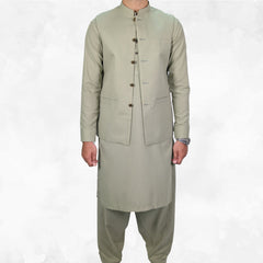 Sage Green Men's Kameez Shalwar with Waistcoat (RJ-KSW124)