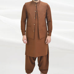 Rust Brown Men's Kameez Shalwar with Waistcoat (RJ-KSW110)