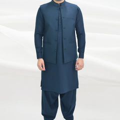 Deep Sea Green Men's Kameez Shalwar with Waistcoat (RJ-KSW111)