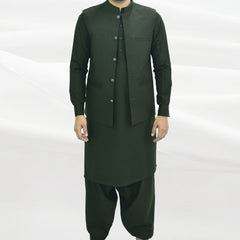 Dark Green Brown Men's Kameez Shalwar with Waistcoat (RJ-KSW113)