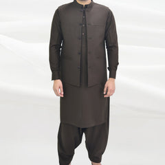 Chocolate Brown Men's Kameez Shalwar with Waistcoat (RJ-KSW112)