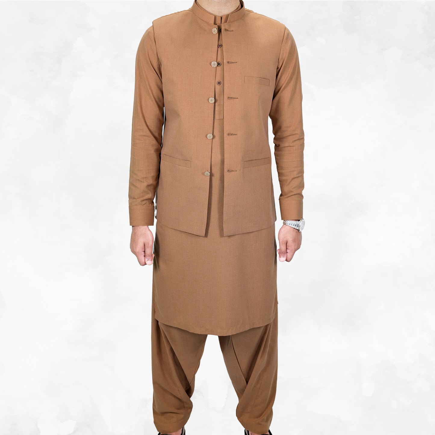Burnt Caramel Men's Kameez Shalwar with Waistcoat (RJ-KSW120)