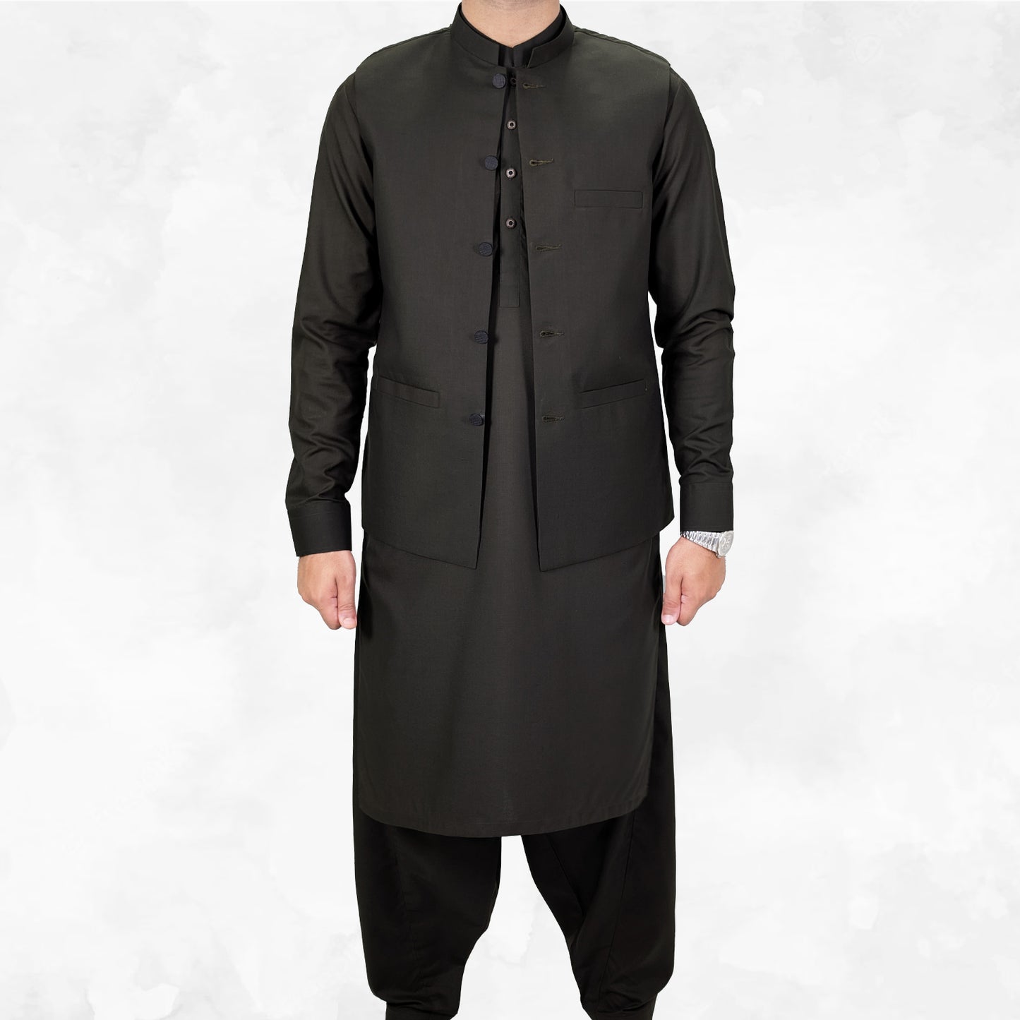 Iron Bark Green Men's Kameez Shalwar with Waistcoat (RJ-KSW121)