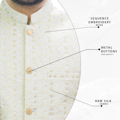 Cream Men's Kameez Shalwar with Sequin Embroidery Waistcoat (RJ-KSW116)