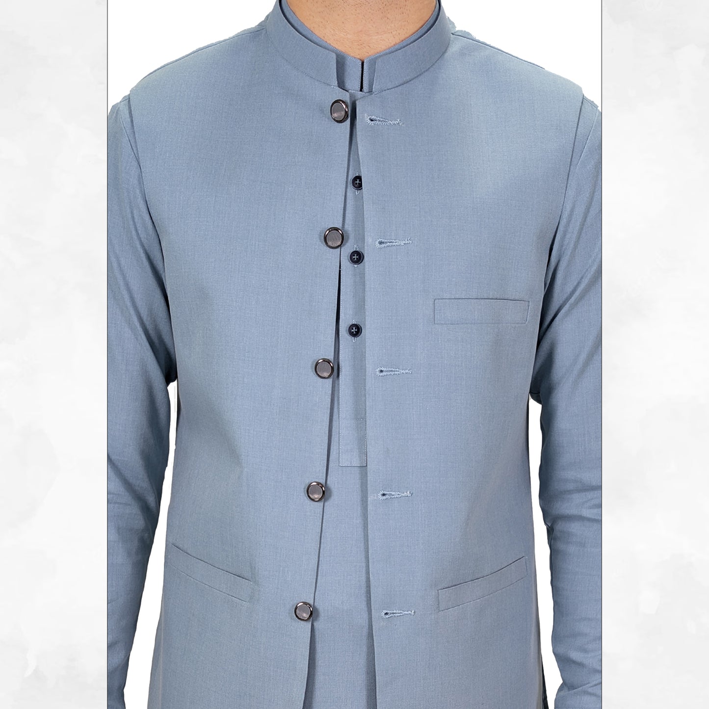 Light Steel Blue Men's Kameez Shalwar with Waistcoat (RJ-KSW123)