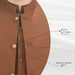 Rust Brown Men's Kameez Shalwar with Waistcoat (RJ-KSW110)