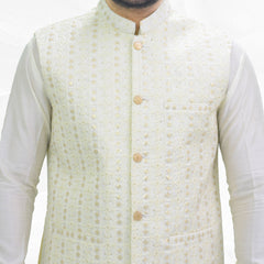 Cream Men's Kameez Shalwar with Sequin Embroidery Waistcoat (RJ-KSW116)