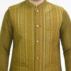 Green Mehendi Men's Kameez Shalwar with Waistcoat (RJ-KSW117)