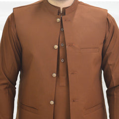 Rust Brown Men's Kameez Shalwar with Waistcoat (RJ-KSW110)