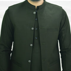 Dark Green Brown Men's Kameez Shalwar with Waistcoat (RJ-KSW113)
