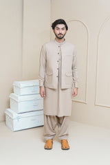 Light Beige Men's Kameez Shalwar with Waistcoat (RJ-KSW128)