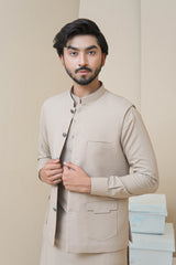 Light Beige Men's Kameez Shalwar with Waistcoat (RJ-KSW128)