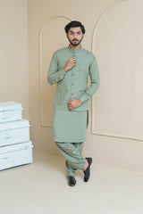 Misty Green Men's Kameez Shalwar with Waistcoat (RJ-KSW129)