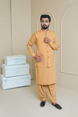 Golden Mustard Men's Kameez Shalwar with Waistcoat (RJ-KSW131)