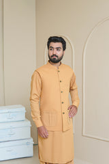 Golden Mustard Men's Kameez Shalwar with Waistcoat (RJ-KSW131)