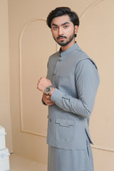Cool Grey Men's Kameez Shalwar with Waistcoat (RJ-KSW132)