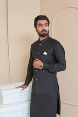 Jet Black Men's Kameez Shalwar with Waistcoat (RJ-KSW133)