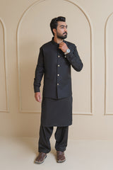 Jet Black Men's Kameez Shalwar with Waistcoat (RJ-KSW133)