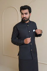 Jet Black Men's Kameez Shalwar with Waistcoat (RJ-KSW133)