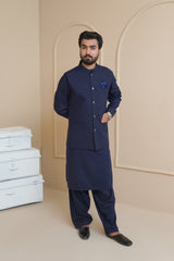 Navy Blue Men's Kameez Shalwar with Waistcoat (RJ-KSW135)