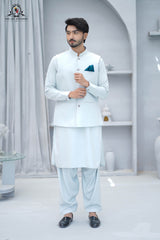 Ice Blue Men's Kameez Shalwar with Waistcoat (RJ-KSW146)