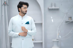 Ice Blue Men's Kameez Shalwar with Waistcoat (RJ-KSW146)