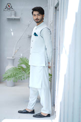 Ice Blue Men's Kameez Shalwar with Waistcoat (RJ-KSW146)