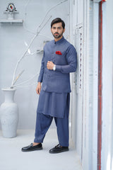 Ink Blue Men's Kameez Shalwar with Waistcoat (RJ-KSW149)