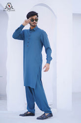 Men’s Premium Wash & Wear Kameez Shalwar – Elegant Blue Traditional Wear - RJ-KS592