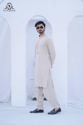 Men’s Premium Wash & Wear Kameez Shalwar – Classic Beige Blended Traditional Wear - RJ-KS596