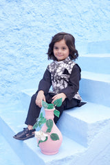 Black Kids Kurta Pajama with Printed Waistcoat RJ-KIDS120