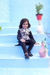 Black Kids Kurta Pajama with Printed Waistcoat RJ-KIDS120