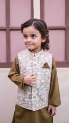 Brown Kids Kurta Pajama with Printed Waistcoat RJ-KIDS124
