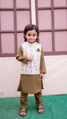 Brown Kids Kurta Pajama with Printed Waistcoat RJ-KIDS124