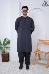 Charcoal Grey Men's Kameez Shalwar RJ-KS611, Rao Jee Designer – Subtle Sophistication