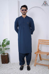 Deep Teal Blue Men's Kameez Shalwar RJ-KS610, Rao Jee Designer – Bold & Refined