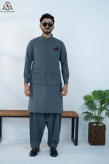 Charcoal Grey Men’s Kameez Shalwar with Waistcoat (RJ-KW156)