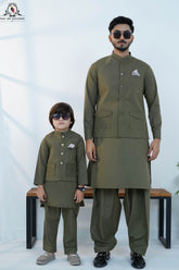 Dusty Olive Men’s Kameez Shalwar with Waistcoat (RJ-KW158)