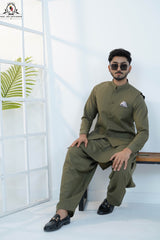 Dusty Olive Men’s Kameez Shalwar with Waistcoat (RJ-KW158)