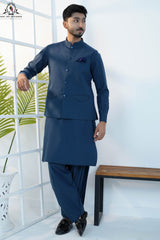Deep Marine Blue Men’s Kameez Shalwar with Waistcoat (RJ-KW160)