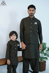 Men’s Olive Green Traditional Kameez Shalwar with Waistcoat (RJ-KW162)