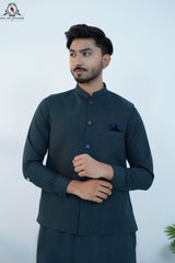 Deep Teal Textured Men’s Kameez Shalwar with Waistcoat (RJ-KW165)