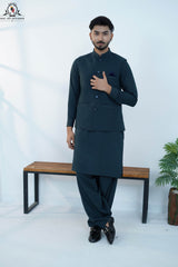Deep Teal Textured Men’s Kameez Shalwar with Waistcoat (RJ-KW165)